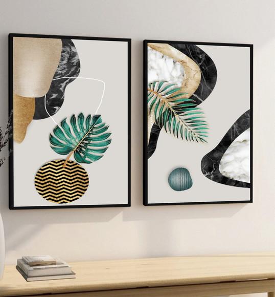 Kit 2 Quadros Decorativos Folhagem Verde Dourada Com Moldura