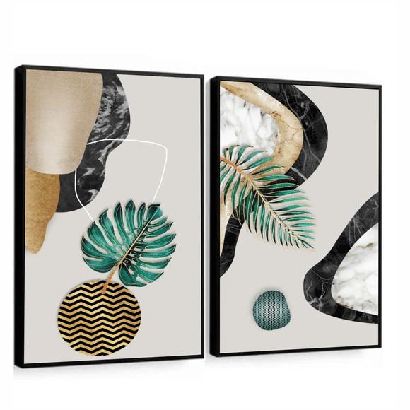 Kit 2 Quadros Decorativos Folhagem Verde Dourada Com Moldura