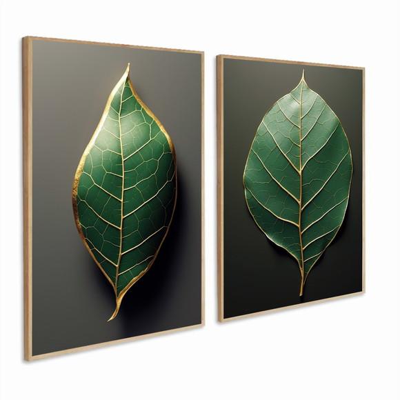 Kit 2 Quadros Decorativos Folhagem Verde Gold Luxo Moldura