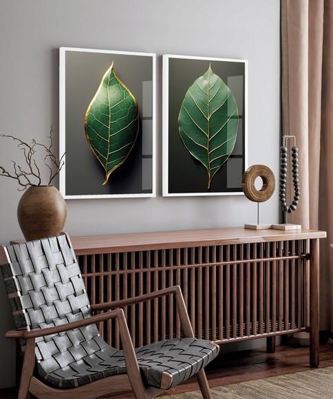Kit 2 Quadros Decorativos Folhagem Verde Moderna com Vidro
