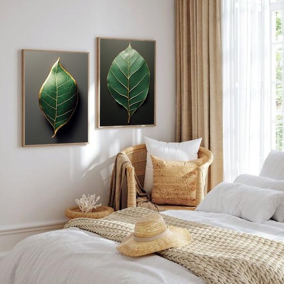 Kit 2 Quadros Decorativos Folhagem Verde Gold Luxo Moldura