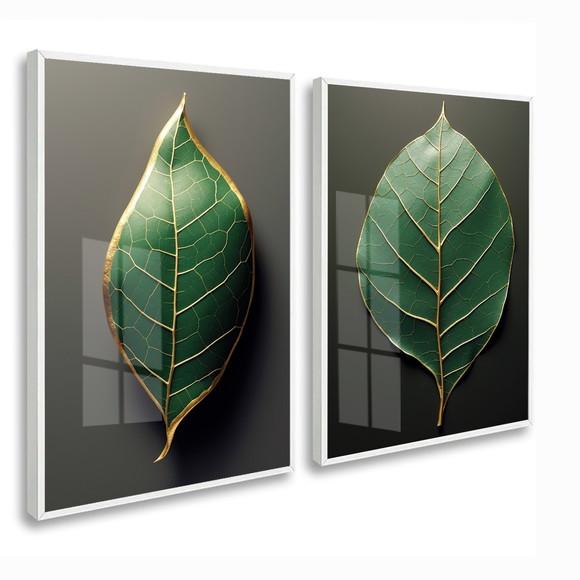 Kit 2 Quadros Decorativos Folhagem Verde Moderna com Vidro