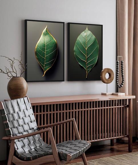 Kit 2 Quadros Decorativos Folhagem Verde Sala Hall Moldura