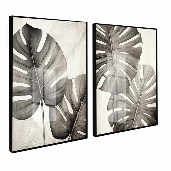 Kit 2 Quadros Decorativos Folhas Costela de Adão com Vidro