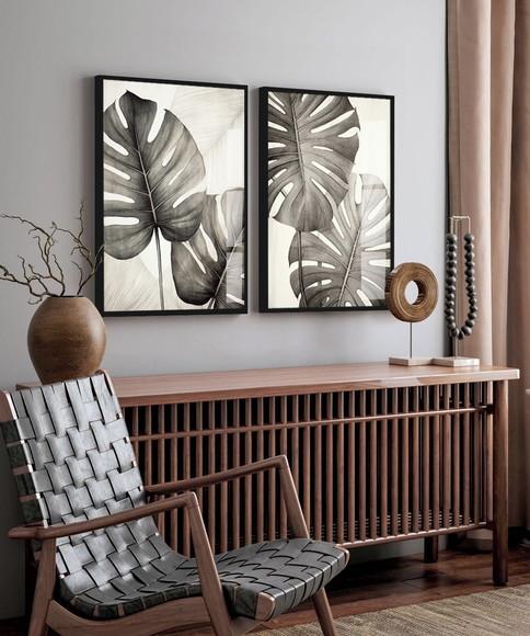 Kit 2 Quadros Decorativos Folhas Costela de Adão com Vidro