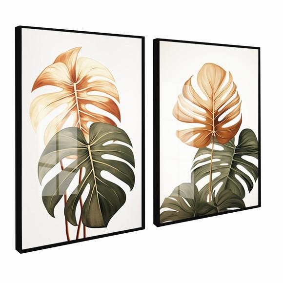 Kit 2 Quadros Decorativos Folhas Costela de Adão com Vidro