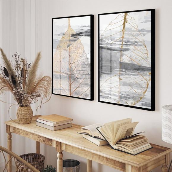 Kit 2 Quadros Decorativos Folhas Douradas com Moldura Vidro