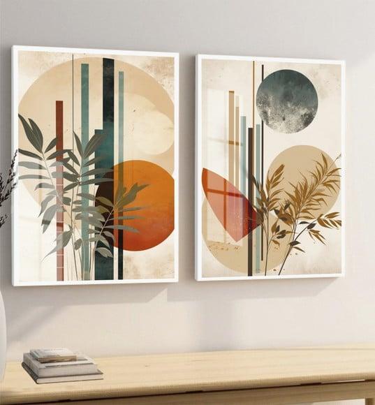 Kit 2 Quadros Decorativos Folhas Geométrico Moldura e Vidro