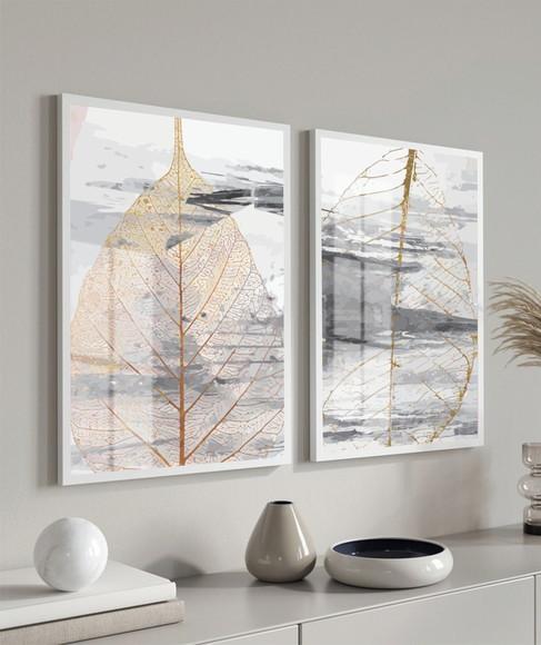 Kit 2 Quadros Decorativos Folhas Douradas Moldura e Vidro