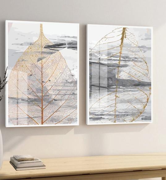 Kit 2 Quadros Decorativos Folhas Douradas Moldura e Vidro