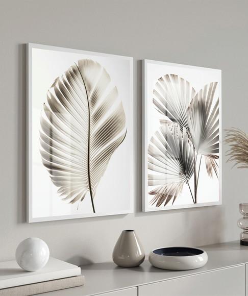 Kit 2 Quadros Decorativos Folhas Modernas com Moldura Vidro