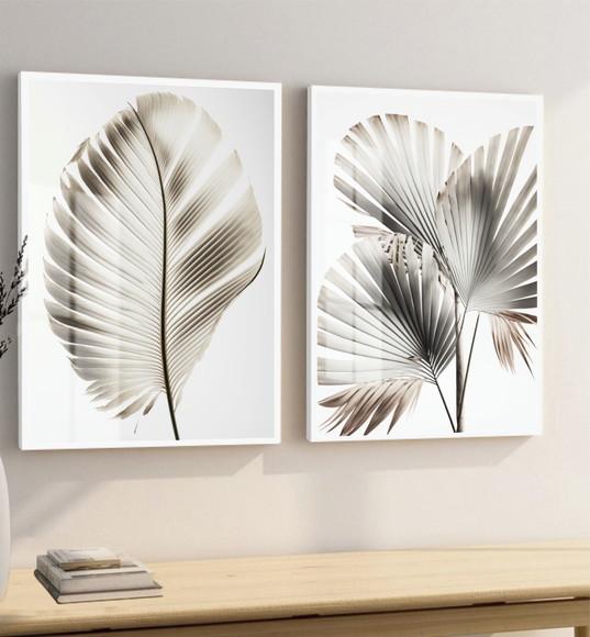 Kit 2 Quadros Decorativos Folhas Modernas com Moldura Vidro