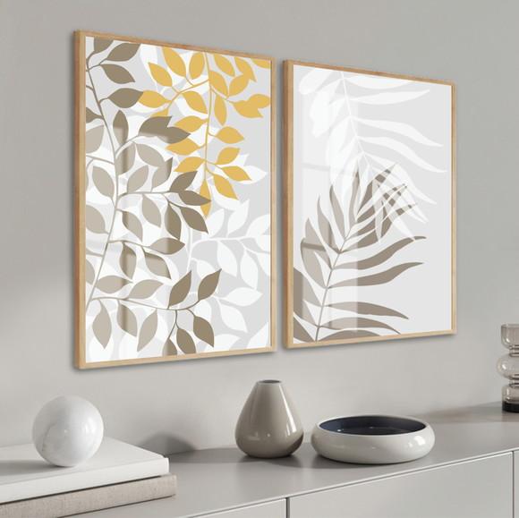 Kit 2 Quadros Decorativos Folhas Modernas com Moldura Vidro
