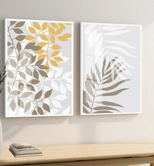 Kit 2 Quadros Decorativos Folhas Modernas Moldura e Vidro