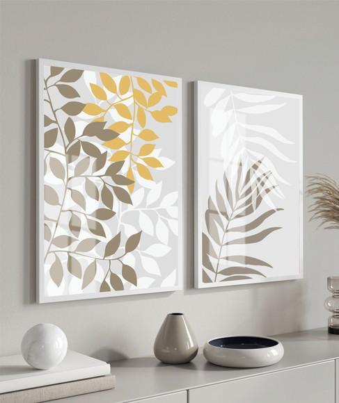 Kit 2 Quadros Decorativos Folhas Modernas Moldura e Vidro