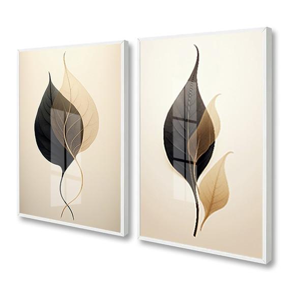 Kit 2 Quadros Decorativos Folhas Sala Moderna Moldura Vidro