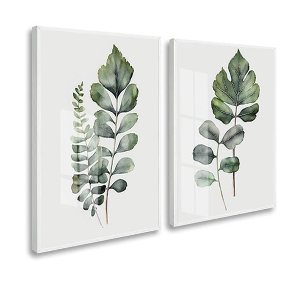 Kit 2 Quadros Decorativos Folhas Verde com Vidro e Moldura