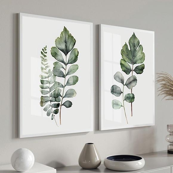 Kit 2 Quadros Decorativos Folhas Verde com Vidro e Moldura