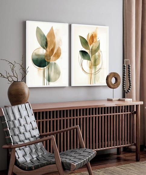 Kit 2 Quadros Decorativos Folhas Verdes Abstrato com Vidro