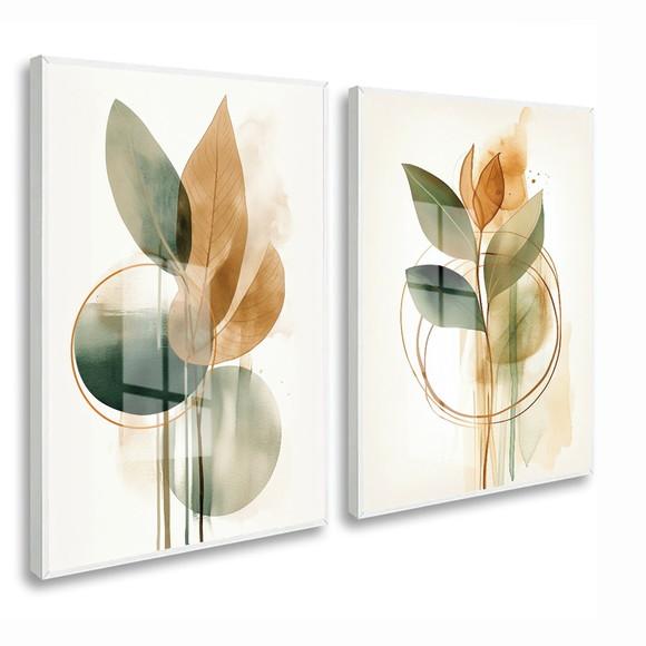 Kit 2 Quadros Decorativos Folhas Verdes Abstrato com Vidro