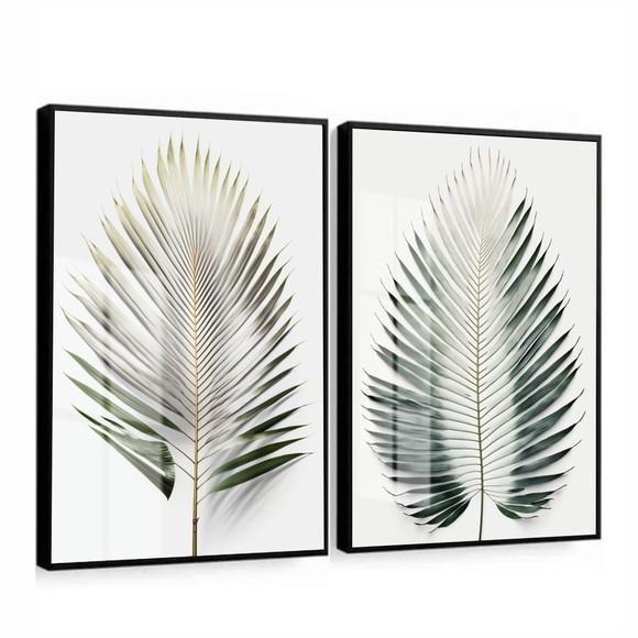 Kit 2 Quadros Decorativos Folhas Verdes com Moldura e Vidro