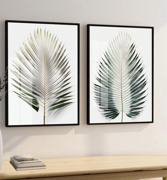 Kit 2 Quadros Decorativos Folhas Verdes com Moldura e Vidro