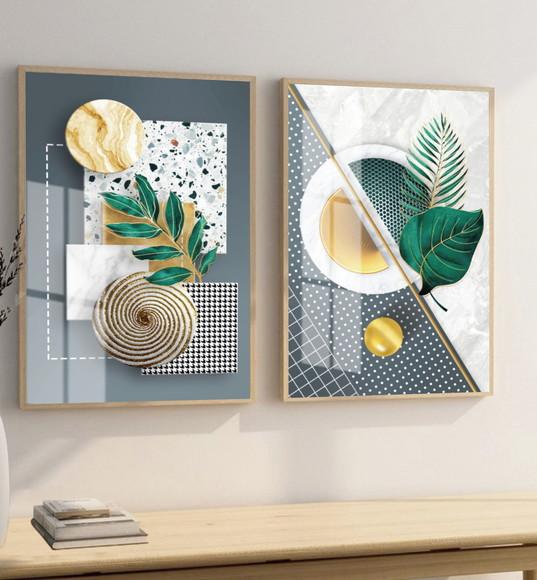 Kit 2 Quadros Decorativos Folhas Verdes Com Moldura E Vidro