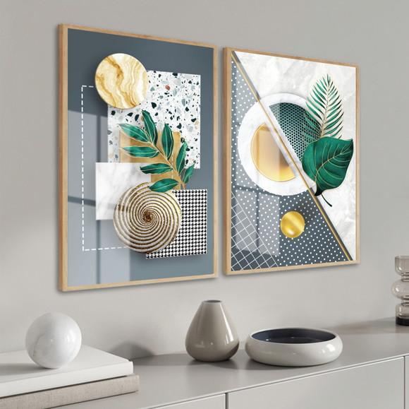 Kit 2 Quadros Decorativos Folhas Verdes Com Moldura E Vidro