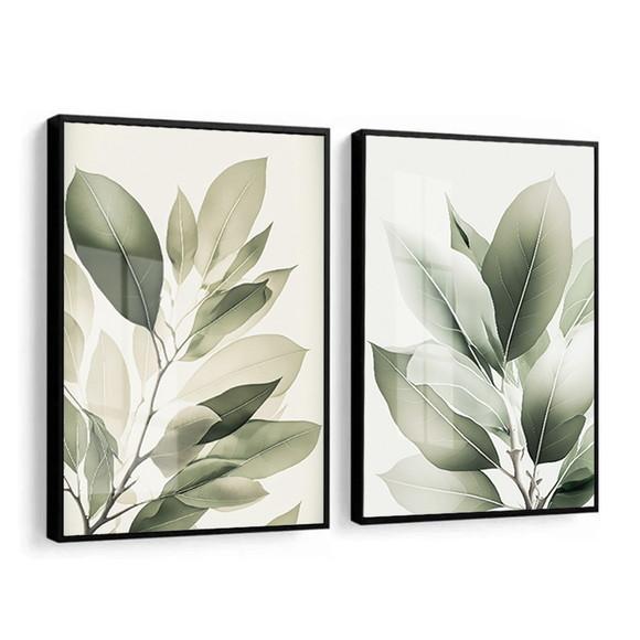 Kit 2 Quadros Decorativos Folhas Verdes com Vidro e Moldura