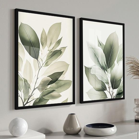 Kit 2 Quadros Decorativos Folhas Verdes com Vidro e Moldura