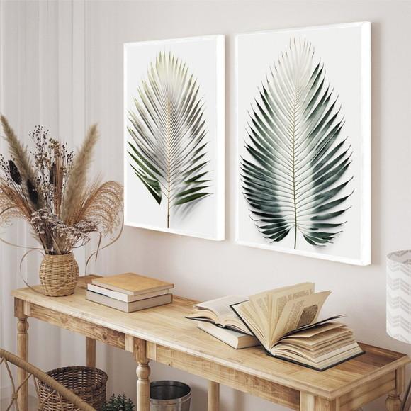 Kit 2 Quadros Decorativos Folhas Verdes Modernas com Moldura