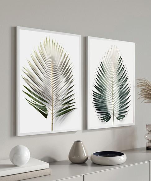 Kit 2 Quadros Decorativos Folhas Verdes Modernas com Moldura