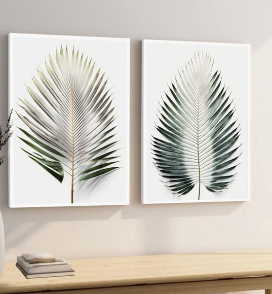 Kit 2 Quadros Decorativos Folhas Verdes Modernas com Moldura