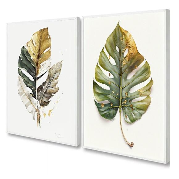 Kit 2 Quadros Decorativos Folhas Verdes para Sala Moldura