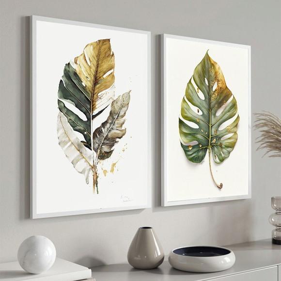 Kit 2 Quadros Decorativos Folhas Verdes para Sala Moldura