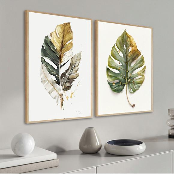 Kit 2 Quadros Decorativos Folhas Verdes Quarto Sala Moldura