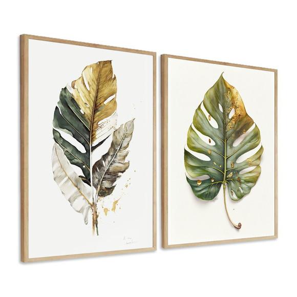 Kit 2 Quadros Decorativos Folhas Verdes Quarto Sala Moldura