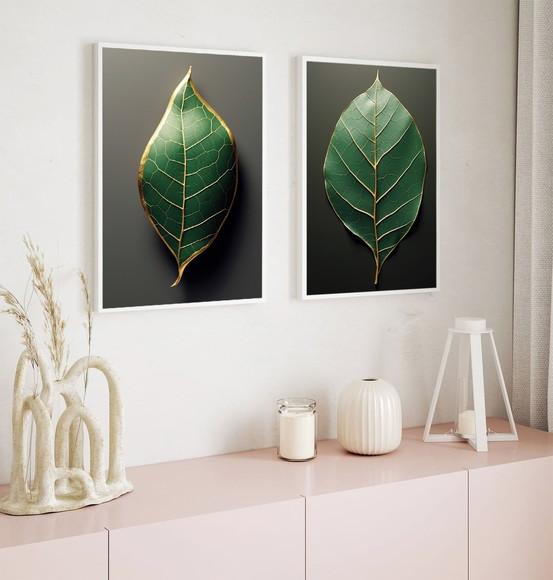 Kit 2 Quadros Decorativos Folhas Verdes Sala Hall Moldura