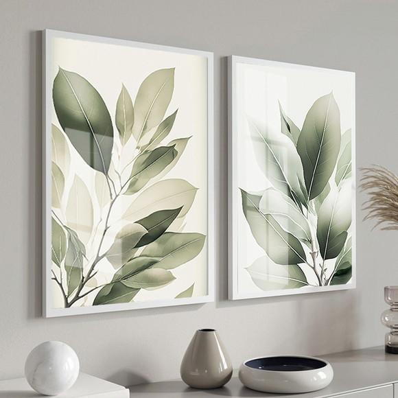 Kit 2 Quadros Decorativos Folhas Verdes Sala Hall com Vidro