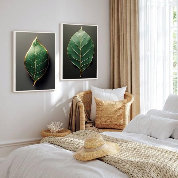 Kit 2 Quadros Decorativos Folhas Verdes Sala Hall Moldura