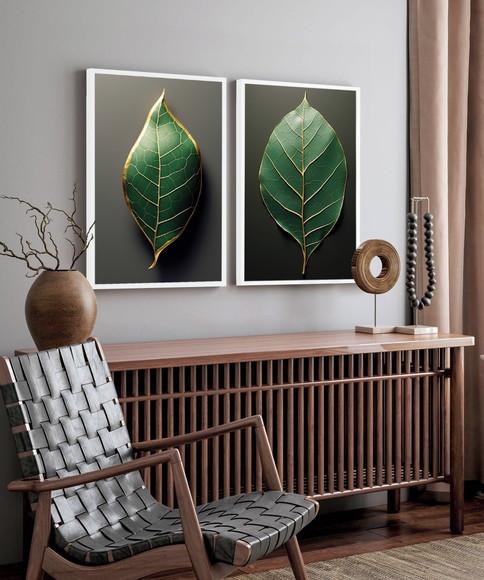 Kit 2 Quadros Decorativos Folhas Verdes Sala Hall Moldura