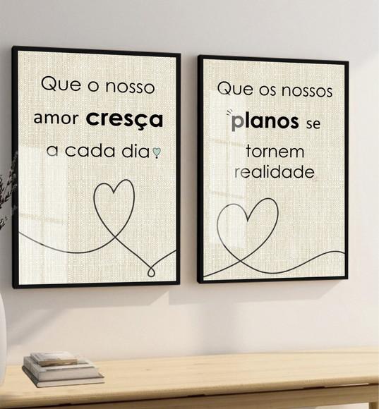 Kit 2 Quadros Decorativos Frases Quarto Casal Moldura Vidro