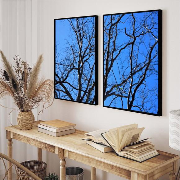 Kit 2 Quadros Decorativos Galhos Céu Azul Paisagem Moldura
