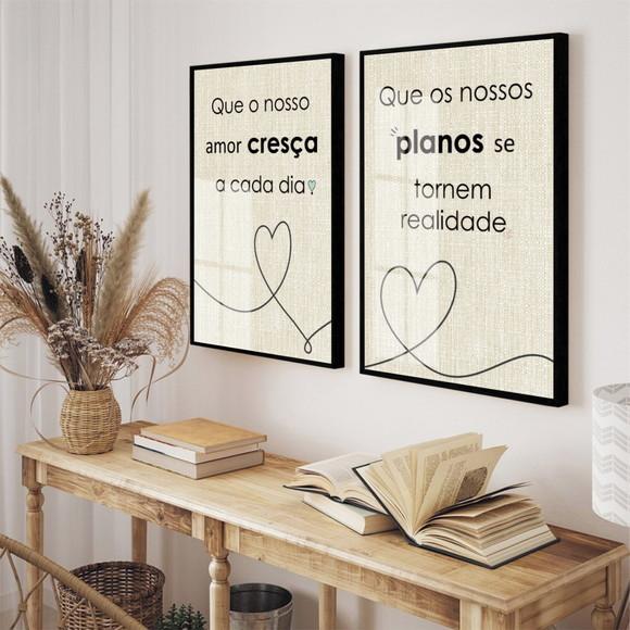 Kit 2 Quadros Decorativos Frases Quarto Casal Moldura Vidro