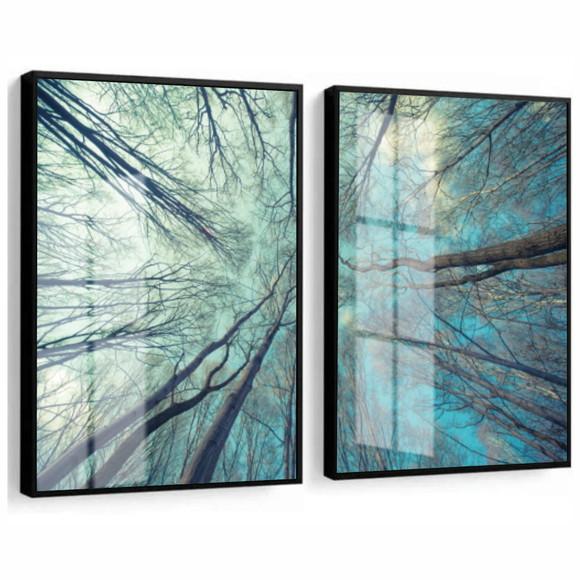 Kit 2 Quadros Decorativos Galhos Paisagem Com Moldura Vidro