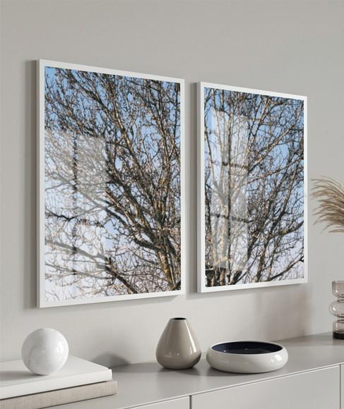 Kit 2 Quadros Decorativos Galhos Paisagem Com Moldura Vidro