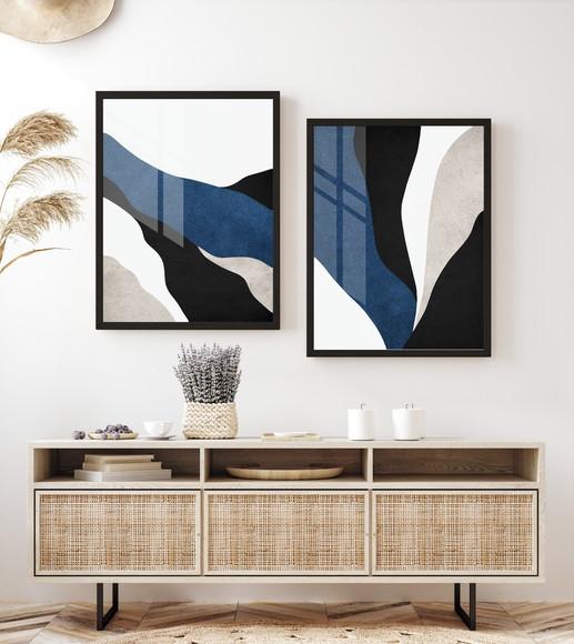 Kit 2 Quadros Decorativos Geométrico Azul com Moldura Vidro