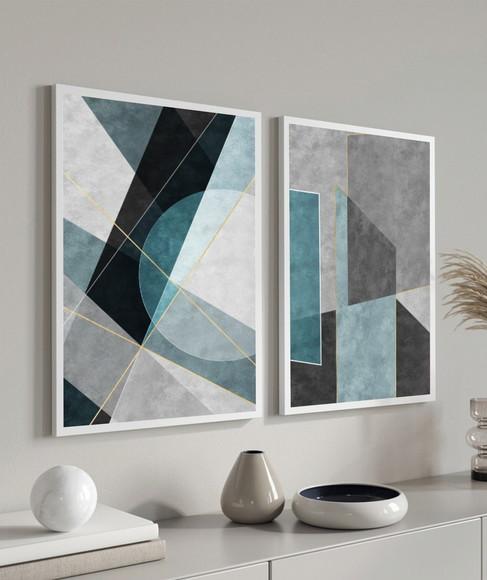 Kit 2 Quadros Decorativos Geométrico Azul Moderno Moldura