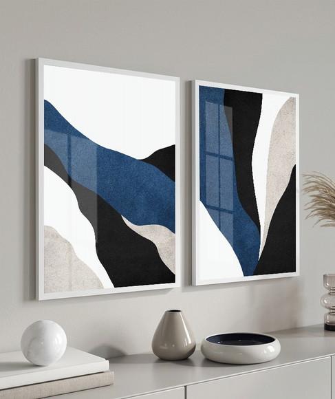 Kit 2 Quadros Decorativos Geométrico Azul Moldura e Vidro