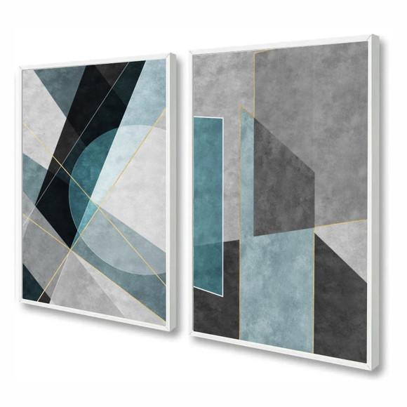 Kit 2 Quadros Decorativos Geométrico Azul Moderno Moldura